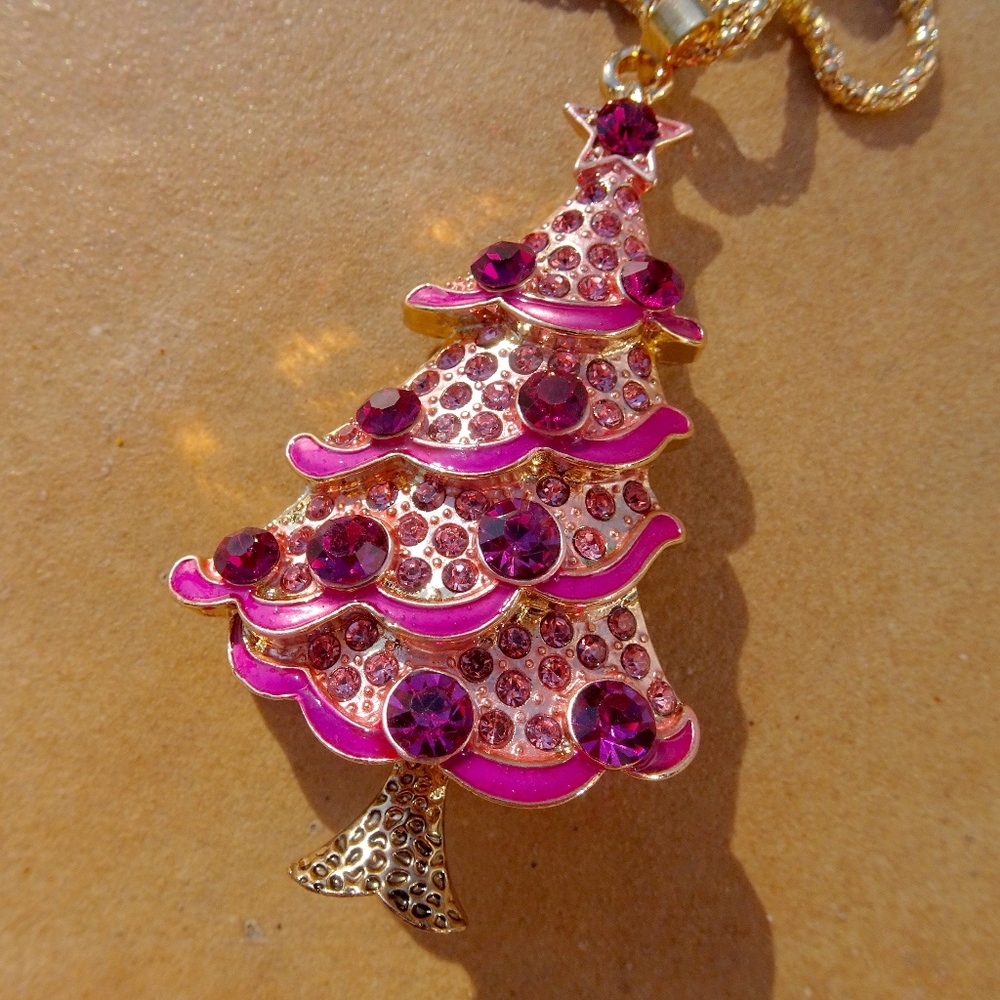Pink Jewel Christmas Tree Chic Girly Glam Pretty Xmas Winter Holiday Necklace